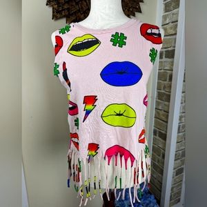 On Fire Pink Lips, Hashtag, Lightning Bolt Cropped Fringe Tank Top Size Medium